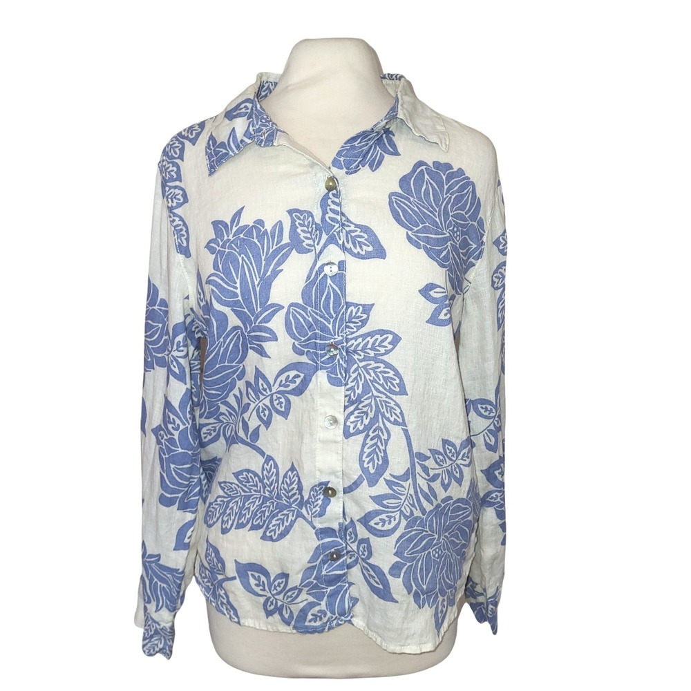 Tahari Blue Ivory Tropical Vacation Hawaiian Floral Pearl Button Linen Blouse L